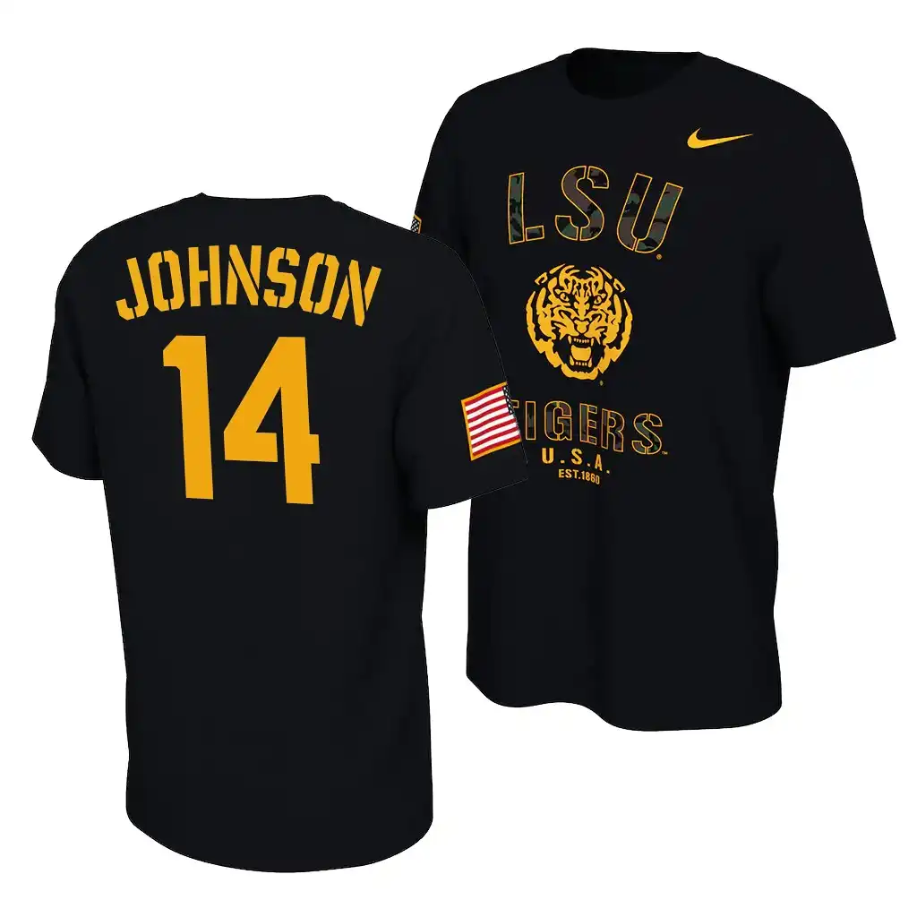 Men's LSU Tigers Max Johnson #14 2021 America Flag Veterans Day Black NCAA Football T-Shirt